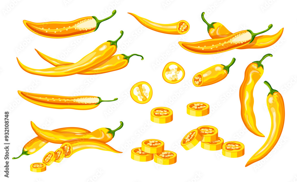 Set of hot yellow chilli peppers in cartoon style.Vector illustration of fresh and spicy chilli pepper:seeds, green stems, sliced, whole, half isolated on white background. Paprika. Useful vegetables. Set of hot yellow chilli peppers in cartoon style.Vector illustration of fresh and spicy chilli pepper:seeds, green stems, sliced, whole, half isolated on white background. Paprika. Useful vegetables.