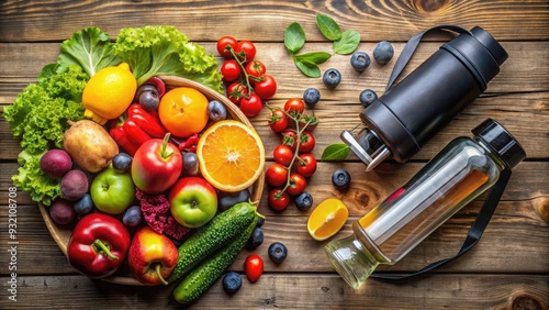 Fresh fruits and vegetables surround a Fitbit and water bottle on a rustic wood table, symbolizing a healthy and active lifestyle. photo