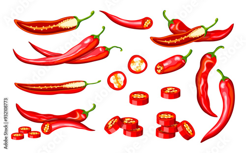 Set of hot red chili peppers in cartoon style. Vector illustration of fresh and spicy chili pepper: seeds, green stems, sliced, whole, half isolated on white background. Paprika. Useful vegetables. photo