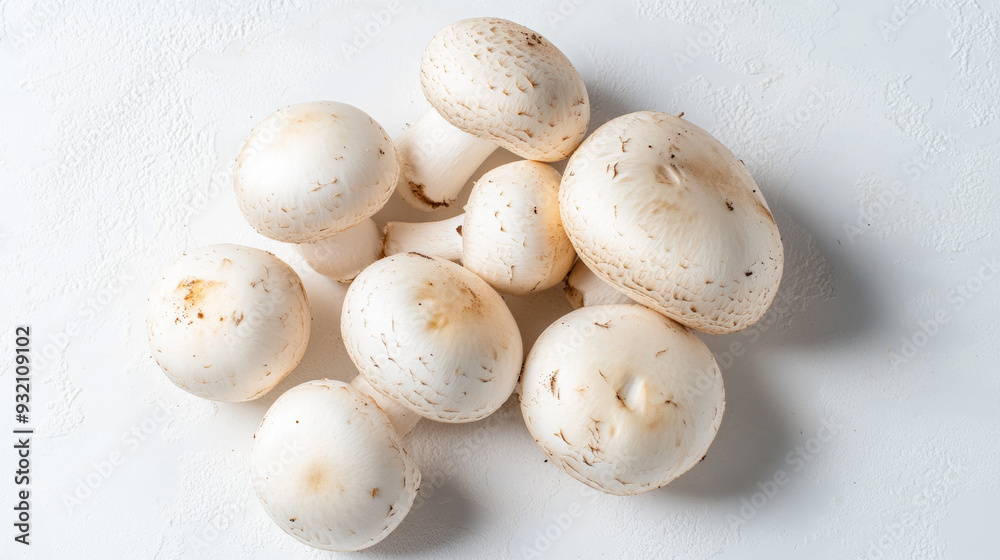A bunch of plump, snowy white mushrooms sit on a soft, white backdrop. A bunch of plump, snowy white mushrooms sit on a soft, white backdrop.