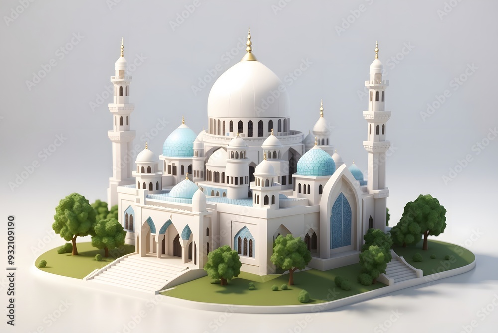 Obraz premium Isometric view of mosque with minaret and green park model. 3d isometric render. 3D Illustration 