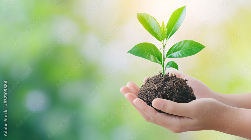 A person is holding a small plant in their hands. The plant is surrounded by dirt and he is a seedling. Concept of nurturing and growth, as the person is taking care of the plant A person is holding a small plant in their hands. The plant is surrounded by dirt and he is a seedling. Concept of nurturing and growth, as the person is taking care of the plant