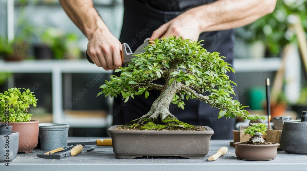 A gardener pruning bonsai trees in a greenhouse, with a variety of tools and pots around A gardener pruning bonsai trees in a greenhouse, with a variety of tools and pots around