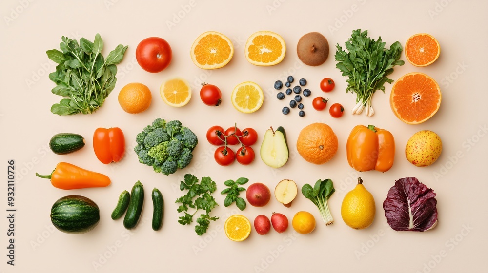 Flat Lay of Fresh Fruits and Vegetables on Light Background Flat Lay of Fresh Fruits and Vegetables on Light Background