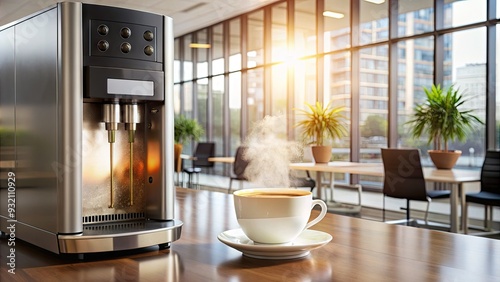 Freshly brewed hot coffee dispenses from an automatic vending machine, with steaming cup and rich aroma, against a blurred background of office or break room surroundings. photo