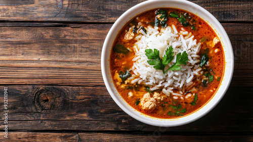 Spicy tomato soup with chicken, rice, and a parsley garnish in a steaming bowl on a rustic wooden table