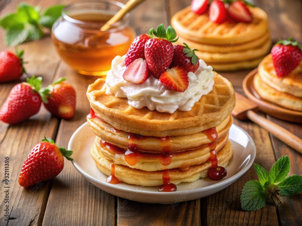 Freshly cooked stack of fluffy pancakes, hotcakes, and golden waffles topped with sweet honey, juicy strawberries, and a dollop of whipped cream. Freshly cooked stack of fluffy pancakes, hotcakes, and golden waffles topped with sweet honey, juicy strawberries, and a dollop of whipped cream.