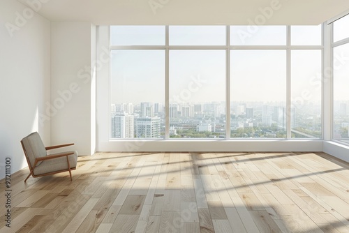 Room with hardwood floors and an abstract white light. Presentation of a product template. 3D rendering prototype. Innovative interior design idea.