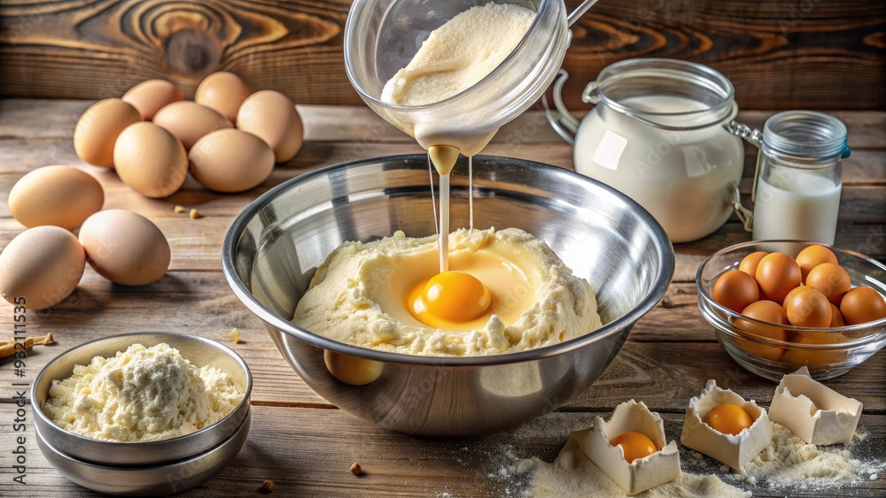 Freshly cracked egg being poured into a large mixing bowl filled with fluffy white cake batter, surrounded by utensils and baking supplies. Freshly cracked egg being poured into a large mixing bowl filled with fluffy white cake batter, surrounded by utensils and baking supplies.