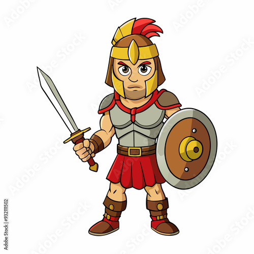 Heroic Warrior A Realistic Depiction with Sword and Shield on a White Background art vector illustration