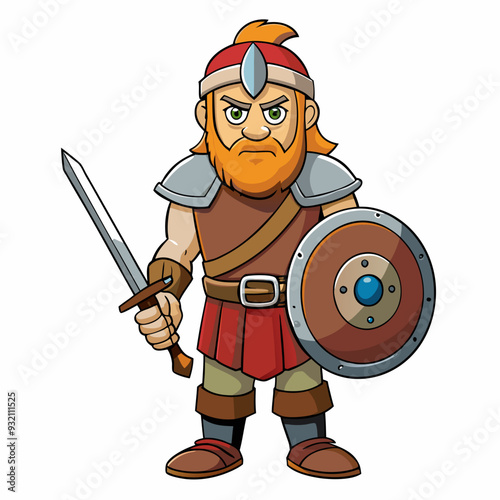 Heroic Warrior A Realistic Depiction with Sword and Shield on a White Background art vector illustration