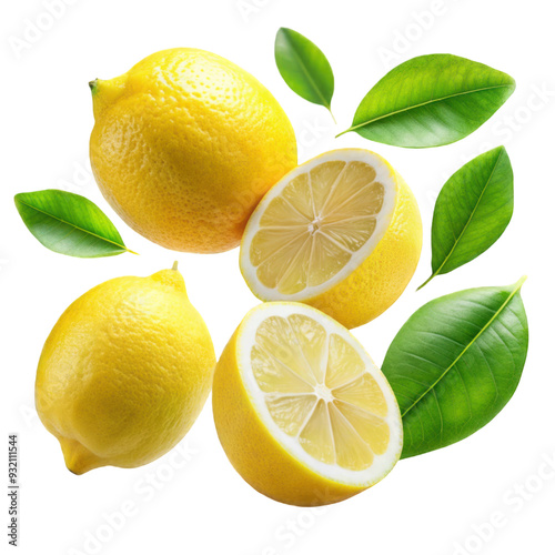 Wallpaper Mural Floating Fresh Lemons with Slices and Leaves on a Transparent Background Torontodigital.ca