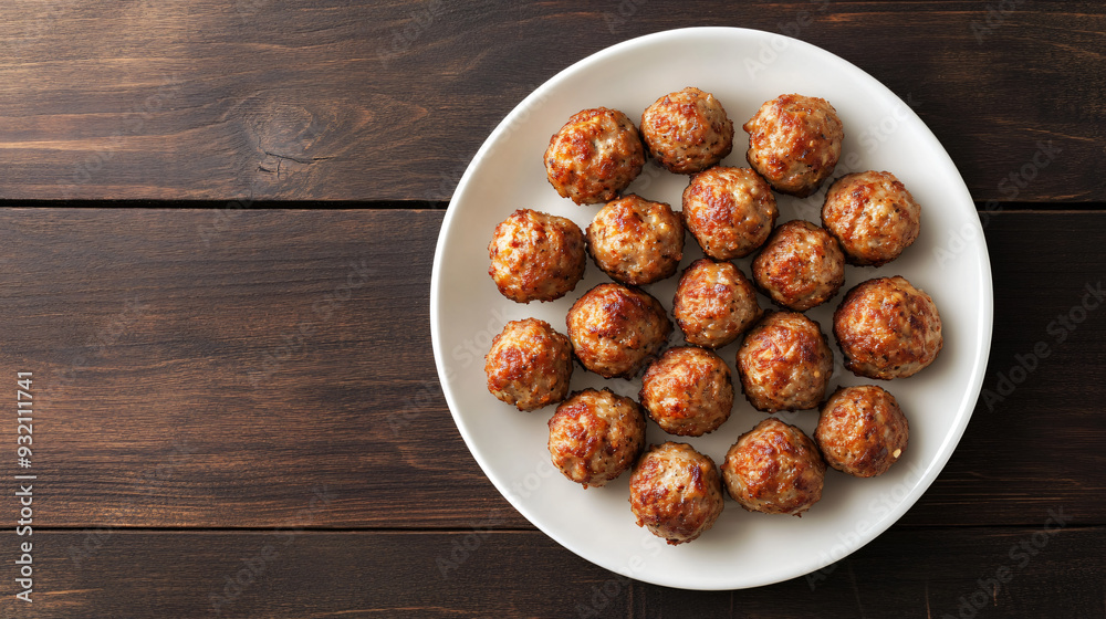 Plateful of mouthwatering meatballs on a simple white plate resting on a rustic wooden table Plateful of mouthwatering meatballs on a simple white plate resting on a rustic wooden table
