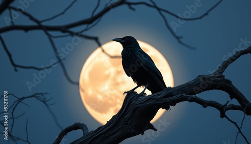 Crow on Gnarled Branch Under Full Moon
