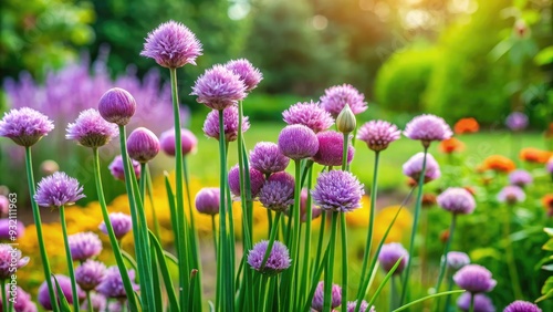 Freshly grown chives sway gently in the breeze, surrounded by vibrant flowers and lush greenery in a serene and inviting garden setting.