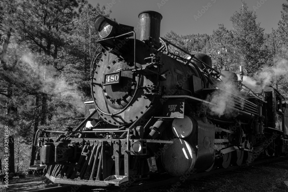 Fototapeta premium Vintage Steam Powered Locomotive in Black and White