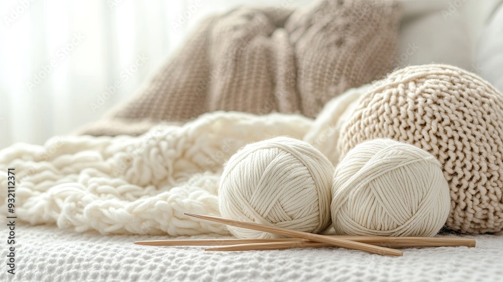 Three balls of yarn in neutral shades rest beside knitting needles and dried flowers on a bright surface, capturing a serene, minimalistic, boho vibe Three balls of yarn in neutral shades rest beside knitting needles and dried flowers on a bright surface, capturing a serene, minimalistic, boho vibe