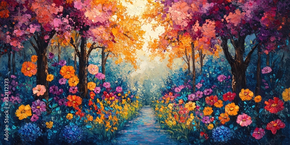 Obraz premium Oil Painting of a Floral Path Through a Forest