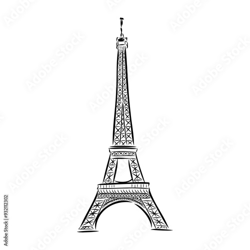 Eiffel tower in France straight view, doodle line sketch,
