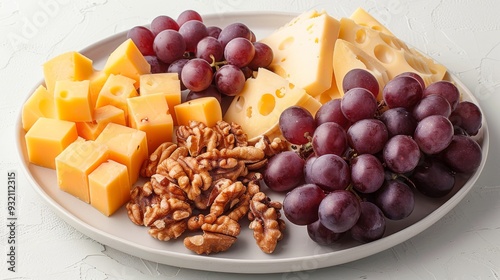 Platter of cheese, grapes, nuts, and walnuts on white background