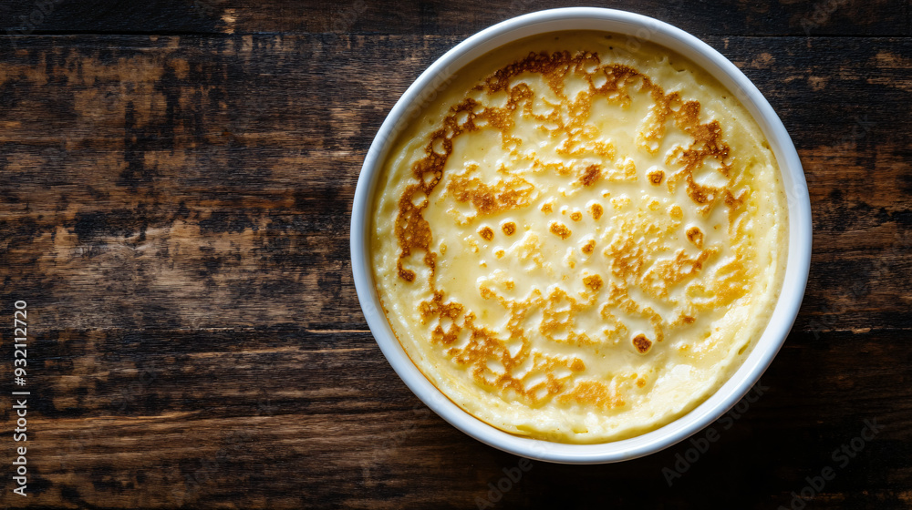 Tempting dessert lovers with its creamy texture and caramelized top, a freshly baked creme brulee sits in a white ramekin on a rustic wooden table Tempting dessert lovers with its creamy texture and caramelized top, a freshly baked creme brulee sits in a white ramekin on a rustic wooden table