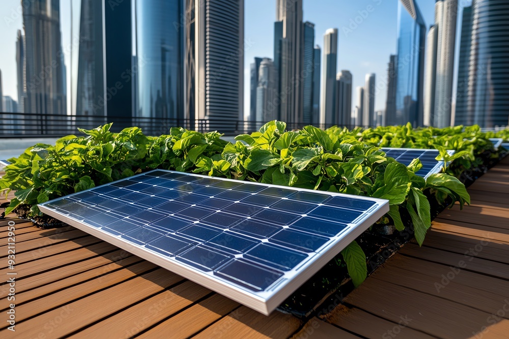 Fototapeta premium Urban rooftop gardens with solar panels, illustrating sustainable living