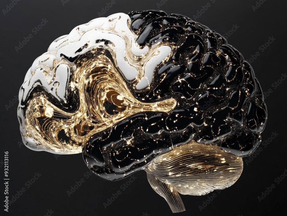image of a brain showing the prefrontal cortex, black, white, and gold ...