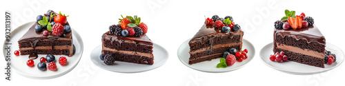 Untitled design - Set of a Chocolate cake slice with delicious glaze and fresh berries on a white plate, isolated on transparent background. (2) photo