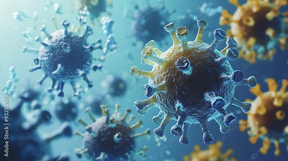 A close-up image of a virus particle, with a spiky, spherical shape and a blue-tinted surface, with other virus particles in the background, illustrating the microscopic world of pathogens. A close-up image of a virus particle, with a spiky, spherical shape and a blue-tinted surface, with other virus particles in the background, illustrating the microscopic world of pathogens.