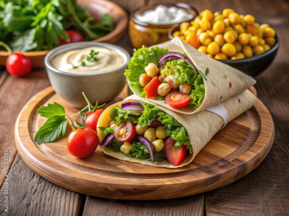 Freshly prepared vegan chickpea hummus wrap overflowing with nutritious ingredients, served alongside crisp salad and a side of creamy dip, a satisfying meal for all. Freshly prepared vegan chickpea hummus wrap overflowing with nutritious ingredients, served alongside crisp salad and a side of creamy dip, a satisfying meal for all.