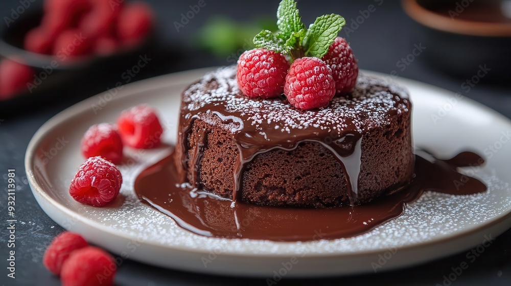 decadent chocolate lava cake with molten center oozing onto pristine white plate fresh raspberries and mint garnish dusting of powdered sugar catching the light decadent chocolate lava cake with molten center oozing onto pristine white plate fresh raspberries and mint garnish dusting of powdered sugar catching the light