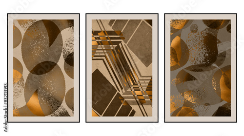 Set of 3 Abstract art. Artistic illustration for printing. The Art of the Golden Wall. Modern interior design. Vintage grunge old .