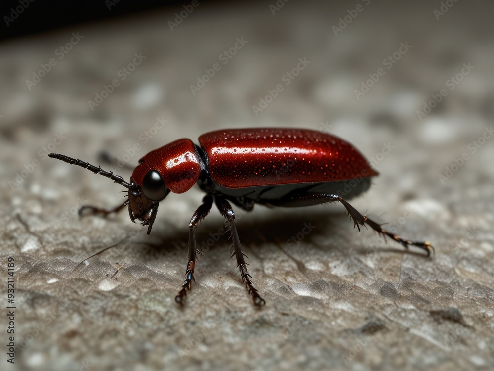 Close-up of a shiny red beetle on a textured stone surface Close-up of a shiny red beetle on a textured stone surface