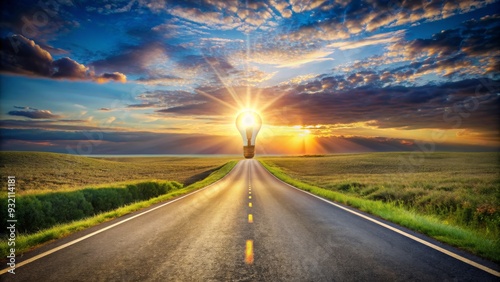 The Road to Inspiration A Light Bulb in a Sunset Sky, road , sunset , inspiration , journey