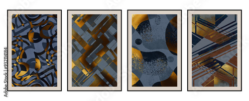 Set of 4 Abstract art. Artistic illustration for printing. The Art of the Golden Wall. Modern interior design. Vintage grunge old .