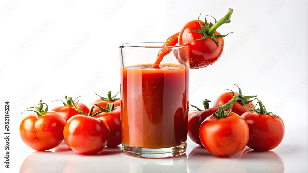Freshly squeezed juice poured into a glass, surrounded by vibrant red tomatoes, against a crisp white background, evoking a sense of healthy refreshment.