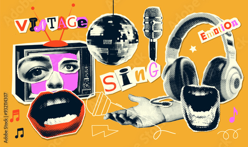 Cool grunge set of halftone collage elements on the theme of singing, vintage music TV. Headphones, mirror ball and open lips. Trendy vector illustration