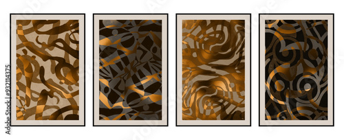 Set of 4 Abstract art. Artistic illustration for printing. The Art of the Golden Wall. Modern interior design. Vintage grunge old .