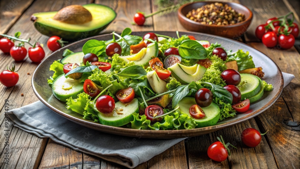 Fresh mixed green salad with crispy lettuce, juicy cherry tomatoes, crunchy cucumber, and creamy avocado, arranged artfully on a rustic wooden table setting. Fresh mixed green salad with crispy lettuce, juicy cherry tomatoes, crunchy cucumber, and creamy avocado, arranged artfully on a rustic wooden table setting.