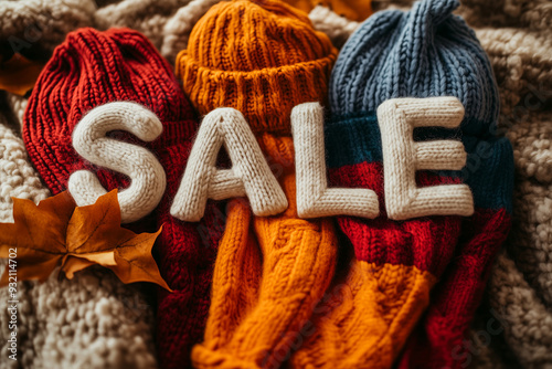 Colorful Knitwear Sale Display with Red, Orange, and Blue Beanies on Cozy Fabric photo