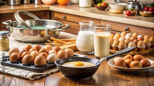 Fresh milk and brown eggs sit alongside utensils and sizzling pans on a cluttered kitchen counter, capturing the essence of a busy breakfast preparation scene. photo