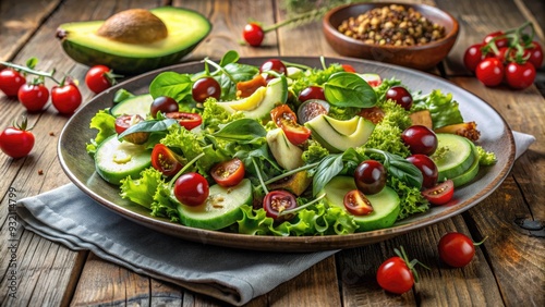 Fresh mixed green salad with crispy lettuce, juicy cherry tomatoes, crunchy cucumber, and creamy avocado, arranged artfully on a rustic wooden table setting.