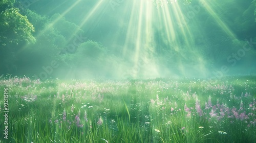 Sunbeams illuminate a lush green meadow with wildflowers and morning mist.