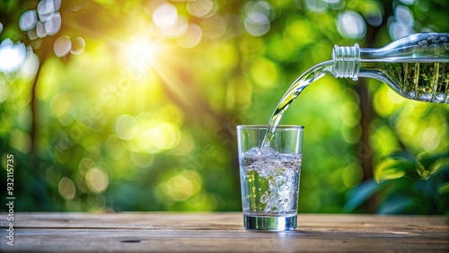 Fresh water pours from a clear plastic bottle into a glass, against a soft blurred background, highlighting the refreshing and hydrating moment.