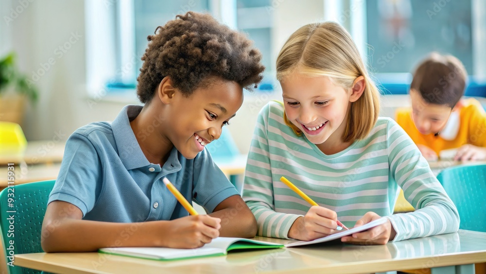Friendly classmate assisting peer with homework at a desk, both smiling and engaged in a supportive and collaborative learning environment. Friendly classmate assisting peer with homework at a desk, both smiling and engaged in a supportive and collaborative learning environment.