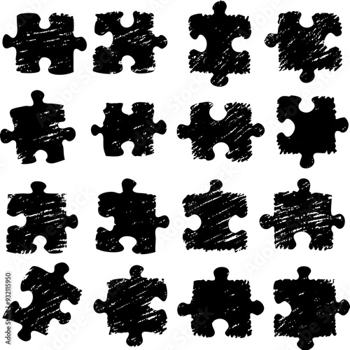 A collection of black puzzle pieces laid out on a white background