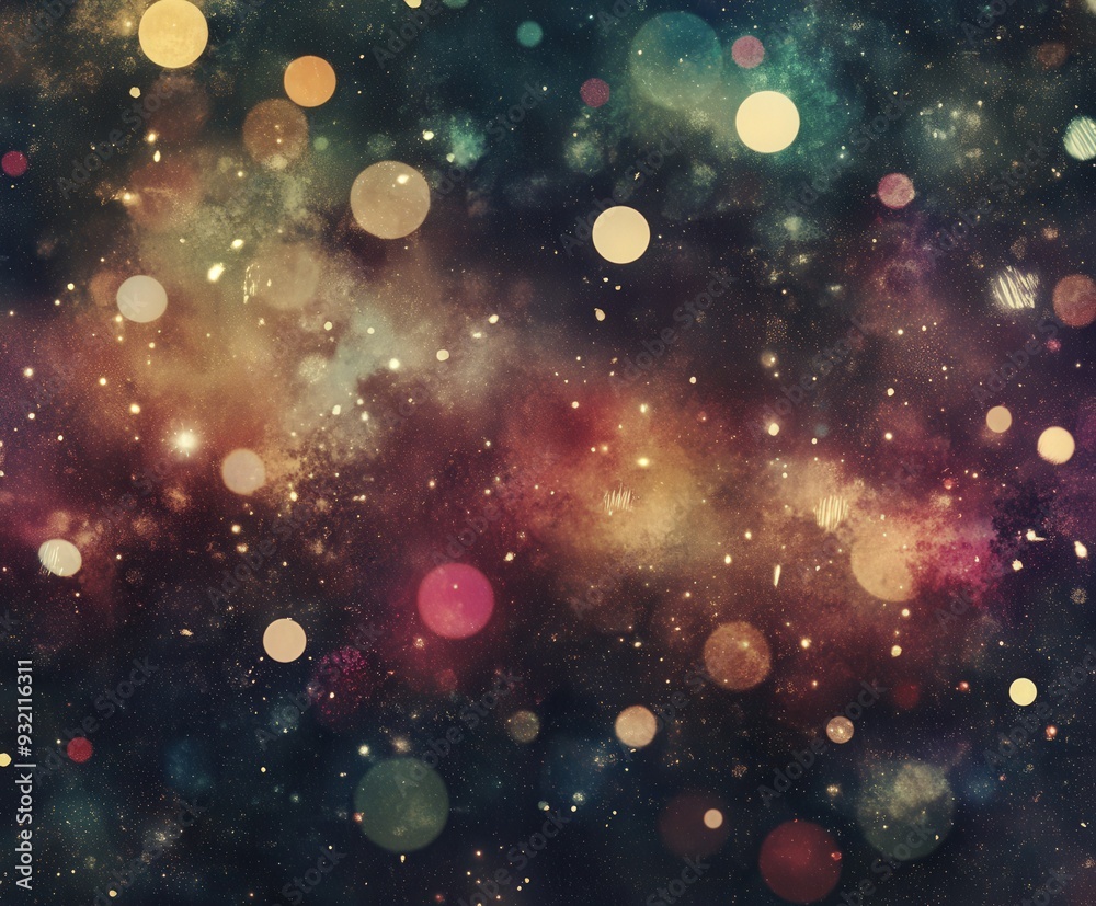 Fototapeta premium Colorful cosmic background with glowing orbs and starry texture