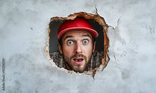 Junger Mann schaut erschrocken durch ein Loch in der Wand