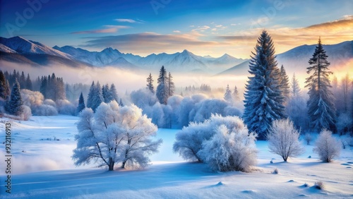 Frosted winter landscape with misty blue atmosphere, icy trees, and snow-covered mountains, capturing the serene essence of cold and peaceful wilderness scenery. photo