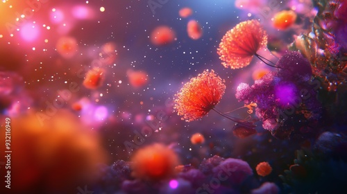 A magical field of flowers glows with a soft light, creating an ethereal atmosphere. The vibrant colors and delicate petals are a reminder of nature's beauty.